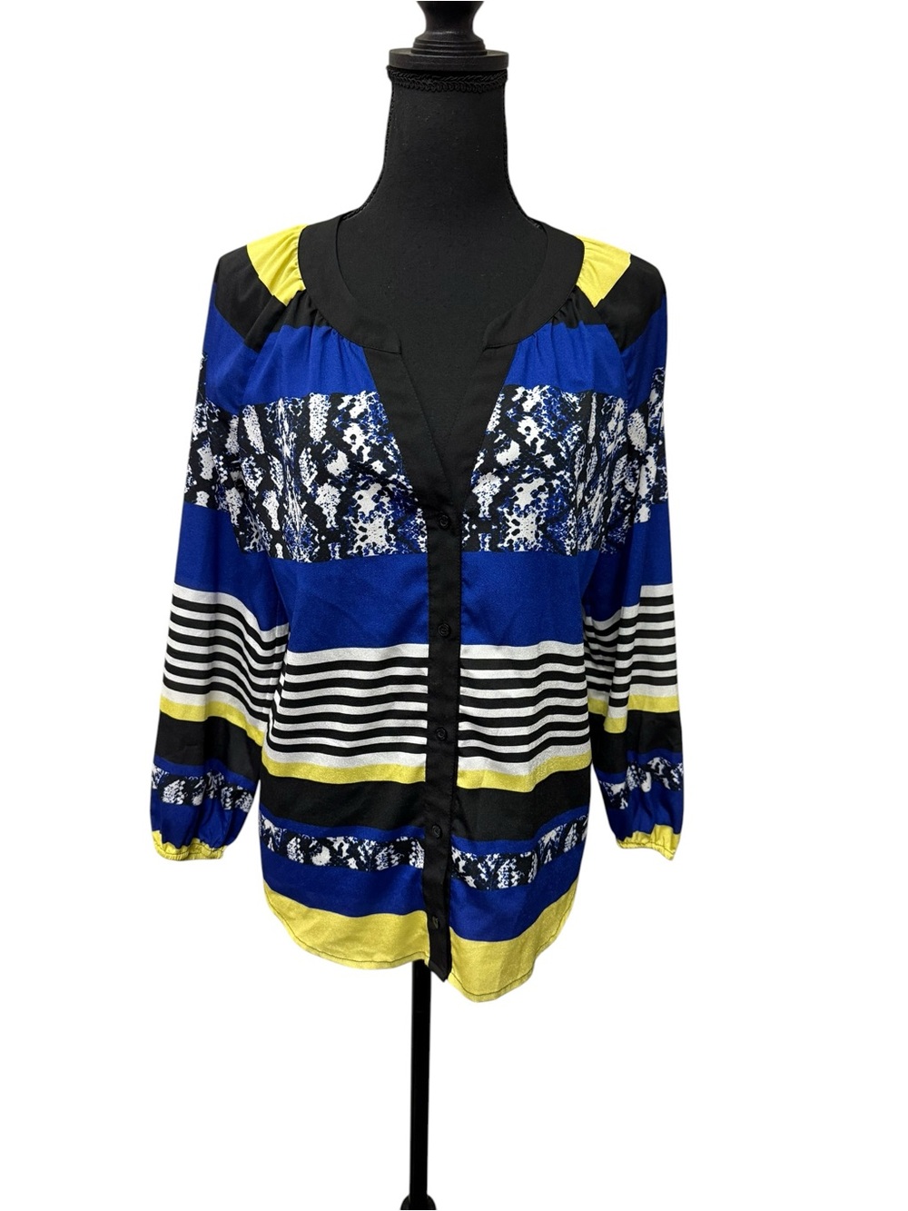 Calvin Klein Blue Yellow Stripe Snake Print Button Blouse Top Small EUC - Picture 2 of 10